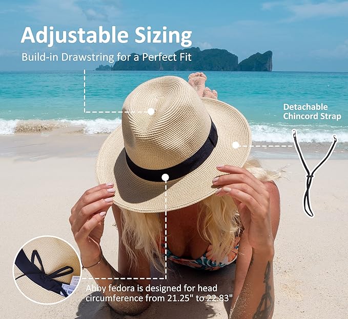 Joywant Womens Straw Fedora Beach Sun Hat, Packable Wide Brim Panama Hat for Women UV UPF50+ Summer Hat