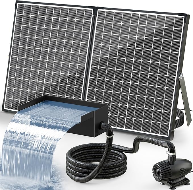 POPOSOAP Solar Pond Waterfall Spillway Kit, 55W Folding Solar Panel & Pond Pump Included, DIY Water Feature for Garden, Balcony, Indoor Aquarium & Small Ponds-P5552