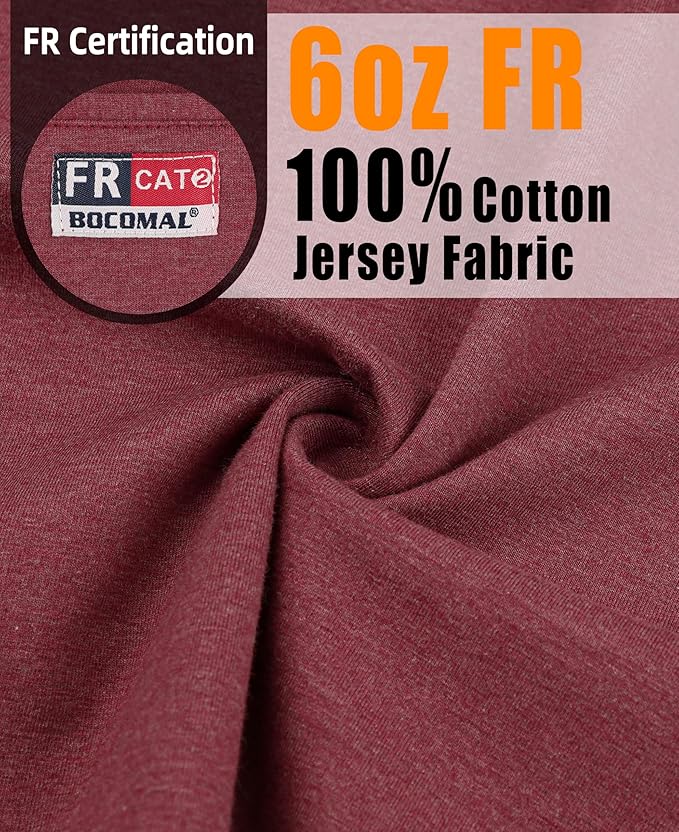 BOCOMAL FR Shirts for Summer Breathable Vented Design 6oz Heather Jersey Flame Resistant Long Sleeve Crew T Shirt