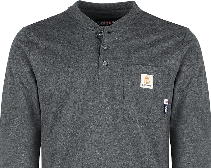 BOCOMAL FR Shirts 6oz Lightweight Flame Resistant Long Sleeve Henley Shirt Fire Retardant Workwear NFPA2112 CAT2