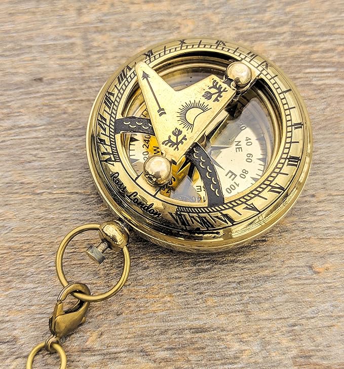 Brass Antique Sundial Compass with Leather Case | Push Button 5 Cm Dia Antique Finish Vantage Compass with Long Chain | Birthday Gift, Baptism Compass
