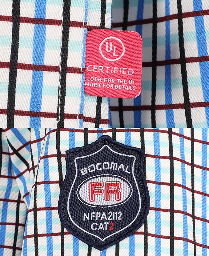BOCOMAL FR Shirts for Men Printed Plaid Flame Resistant Clothing 6.5oz Cotton Button Up Welding Shirts NFPA2112 CAT2