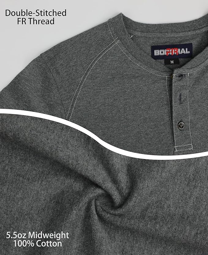 BOCOMAL Men's FR Henley Shirt Flame Resistant 5.5oz Cotton Long Sleeve Workwear UL NFPA2112 CAT2 Welding Tee