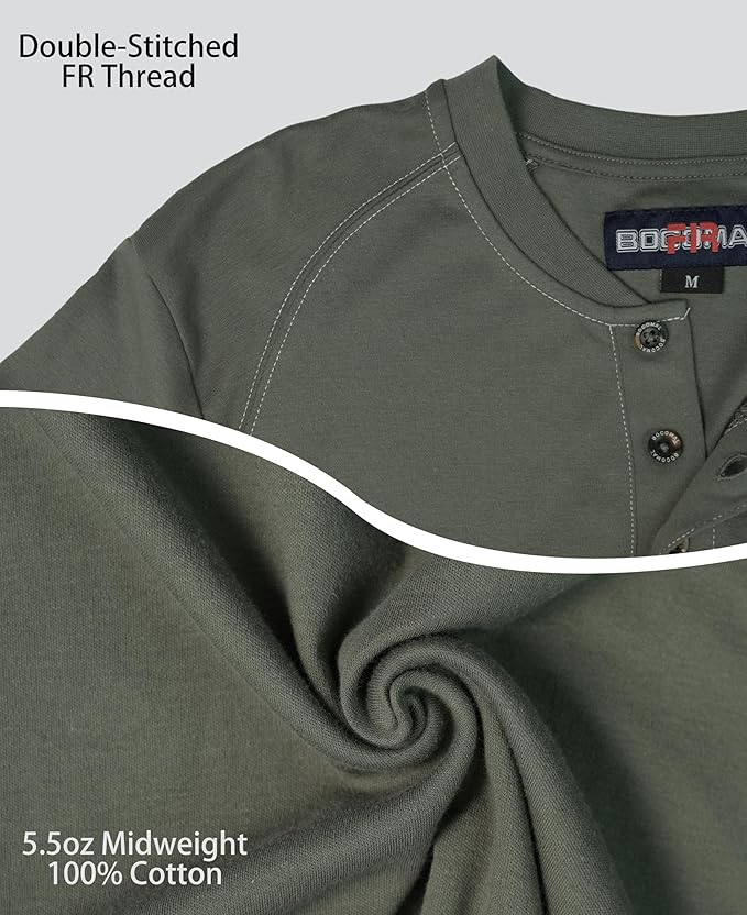 BOCOMAL Men's FR Henley Shirt Flame Resistant 5.5oz Cotton Long Sleeve Workwear UL NFPA2112 CAT2 Welding Tee