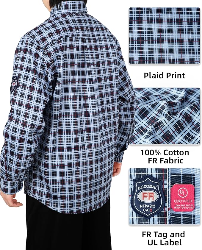 BOCOMAL FR Shirts Flame Resistant NFPA2112/CAT2 6.5oz Light Weight Printed Fire Retardant Plaid Shirt