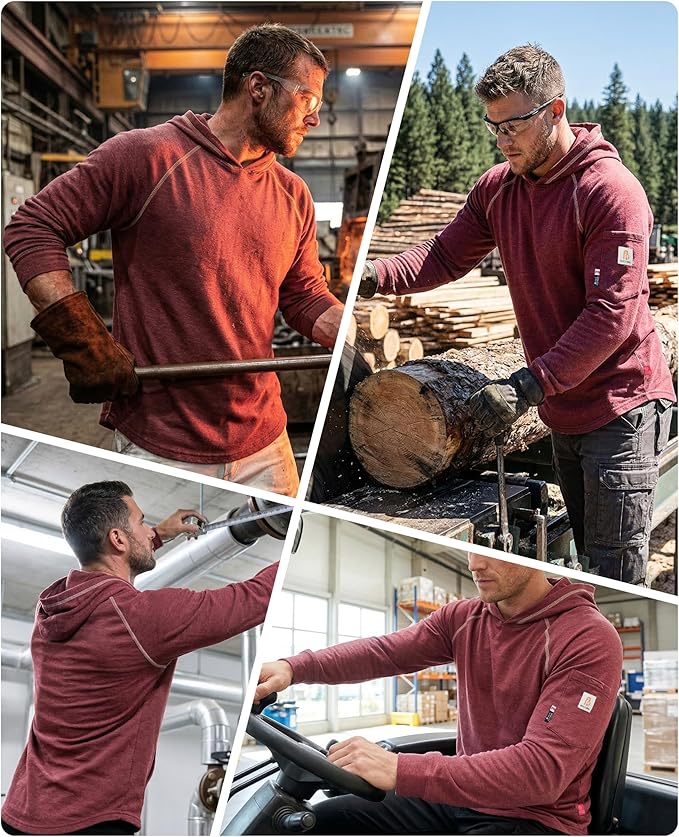 BOCOMAL FR Hooded T Shirts Heather Series 6oz Flame Resistant NFPA2112 CAT2 Fire Retardant Hoodies Work Shirt