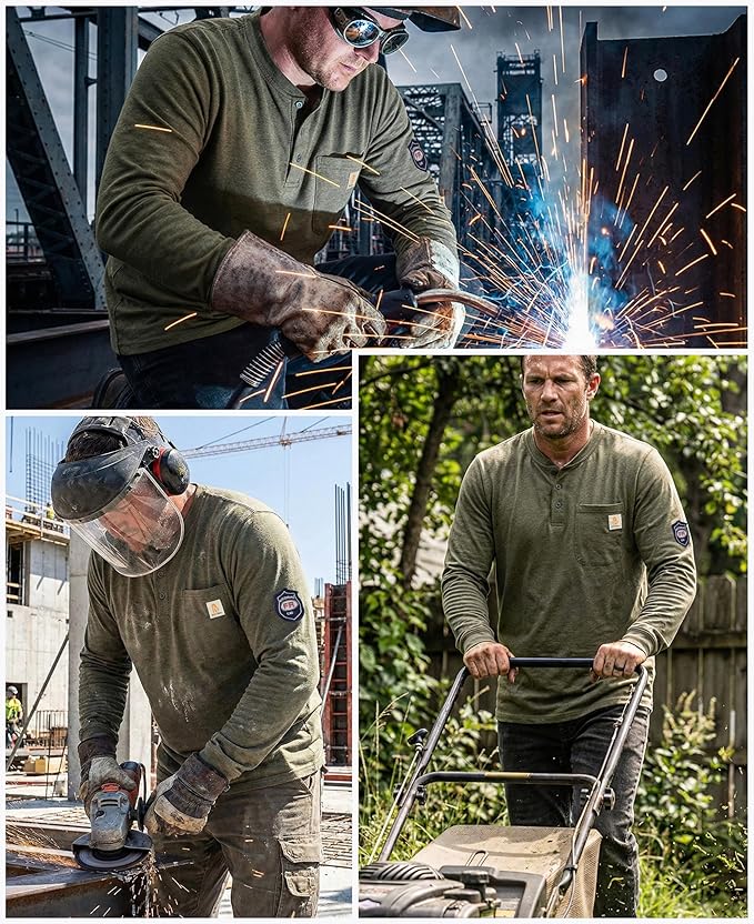 BOCOMAL FR Shirts Flame Resistant Shirt 5.5oz 100% Cotton Light Weight CAT2 Fire Retardant Henley Shirts