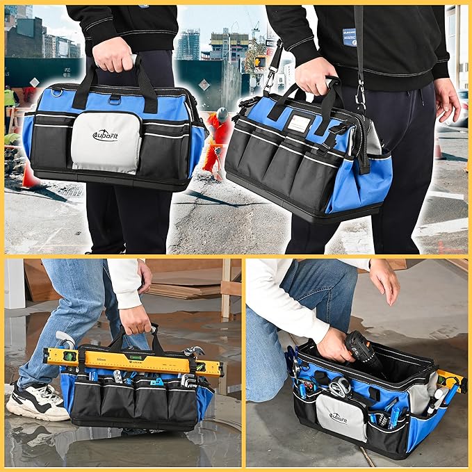 16 Inch Wide Mouth Heavy Duty Tool Bag, 21 Pockets and Waterproof Plastics Base Construction Electrician Tote Tool Organizer Bag with Shoulder Strap and Zipper Pocket, Padded Handle, Blue