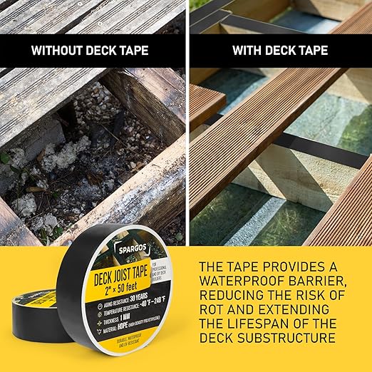 Deck Joist Tape for Decking, 2 inch x 50 Feet Roll, 8-Pack – Self-Adhesive Butyl Waterproof Flashing Tape, Protects Deck Beams from Rot and Decay, Easy-to-Apply