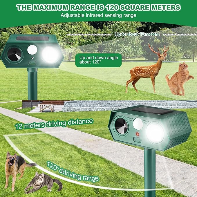 2025 Solar Animal Repellent,Upgraded Ultrasonic Cat Repellent Outdoor,Waterproof Deer Deterrent for Bird Dog Skunk,Squirrels Deterrent with Motion Detection Flash Lights for Farm Patio (2 Pack)