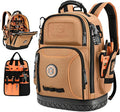 Tool Bag Backpack, 75 Pockets & Loops Canvas Heavy Duty Tools Organizer Bags/HVAC Tool Carrier for Electrician/Construction Work with Molded Base and Combination Lock - Brown