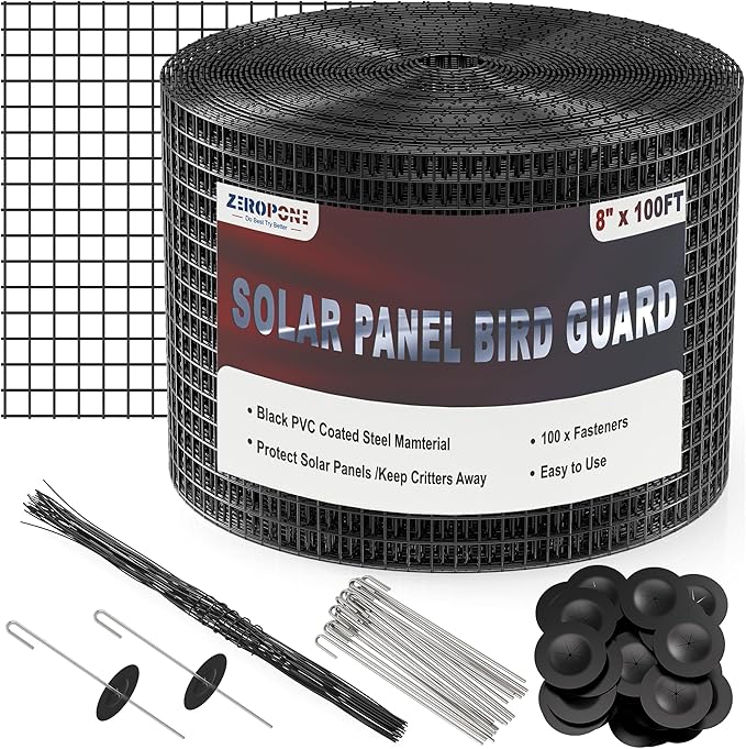 8inch x 100ft Solar Panel Bird Guard, Critter Guard for Solar Panels with 100 Pcs Stainless Steel Fasteners, Removable PVC Coated Pigeon Netting Wire for Squirrel, Bird, Critters Proofing