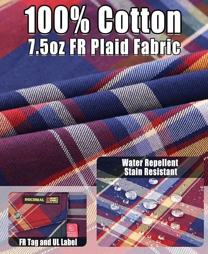 BOCOMAL FR Shirts Flame Resistant 100% C NFPA2112 7.5oz Men's Fire Retardant Welding Shirt