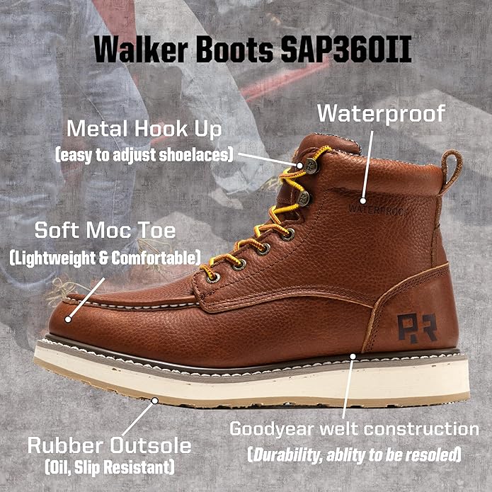 ROCKROOSTER Walker Waterproof Work Boots for Men, 6" Soft Toe Comfortable Boot, Rubber Wedge Sole Shoes, Arch Support Anti-Fatigue Boot, Leather Insulated Safety Boots, Electric Hazard