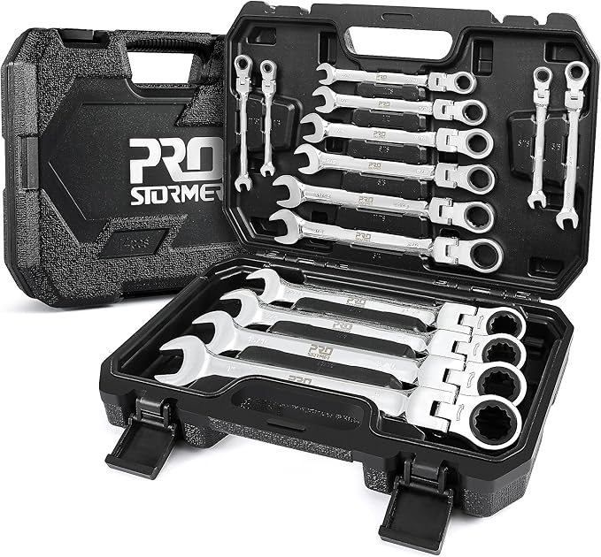 Prostormer 14-Piece SAE Flex-Head Ratcheting Wrench Set, 1/4" to 1" Combination Wrench Kit with Storage Case, 72 Tooth, Cr-V Steel Constructed