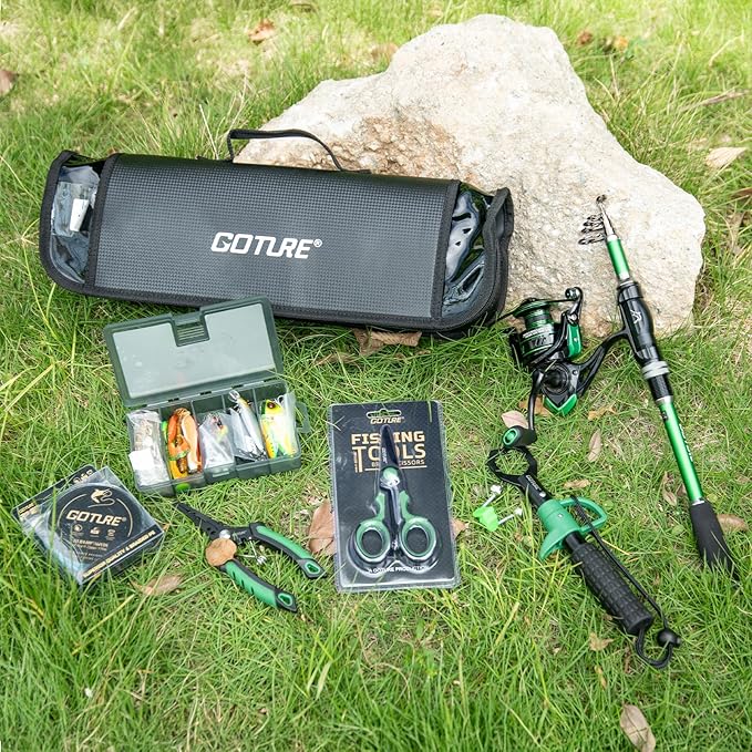 Goture Fishing Poles and Reels Combo - Green Telescoping Fishing Rod Portable Travel Kit with Carrier Bag for Freshwater Saltwater