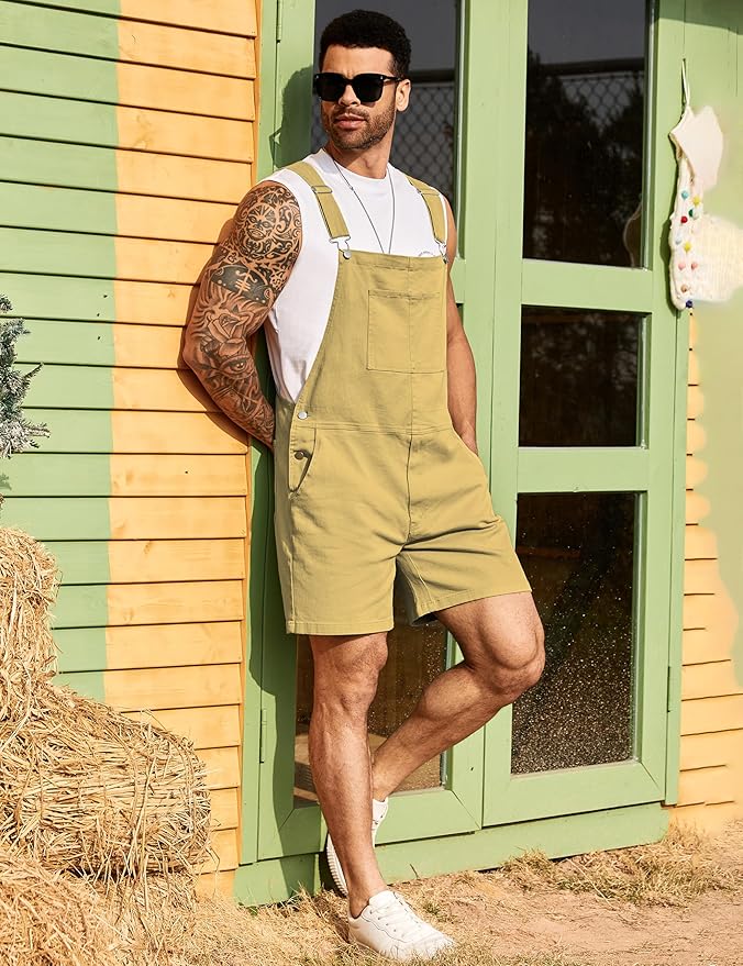 Bindefon Denim Overalls for Men Jean Shorts Jumpsuit Work Bibs Coveralls with Zipper