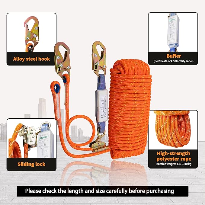 Fall Protection Safety Rope 50ft Heavy Duty Vertical Roofing Grab Snap Hook Shock Absorber Fall Protection Line Kit Restraint System Roofing Safety Equipment (50FT)