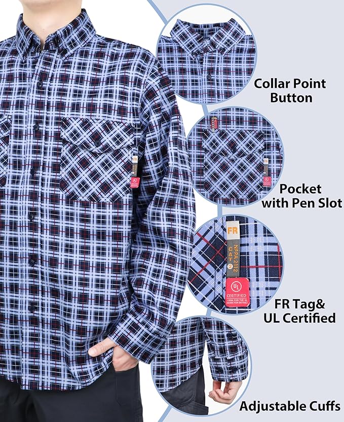 KONRECO FR Shirts for Men 100% Cotton 6.5oz Fire Resistant Lightweight Men's Plaid Work Shirts