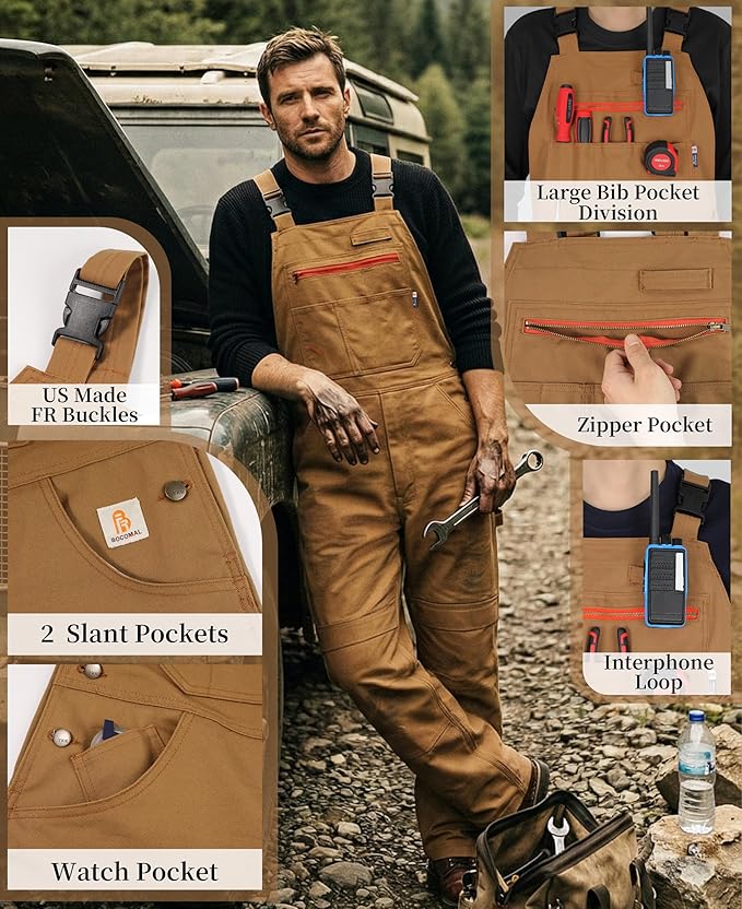 BOCOMAL Men's FR Bib Overall Duck Canvas Fire Resistant/Flame Resistant Workwear Relaxed Fit Unlined