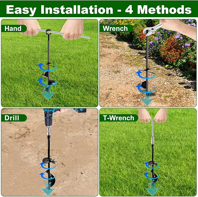 Ground Anchors Screw in Kit, 18 Inch Spiral Trampoline Anchors with Reinforced Blade, Ground Stakes High Wind Heavy Duty for Camping Tent Swing Set Carport Shed Mobile Home Dog Tie Out, 4 Pack