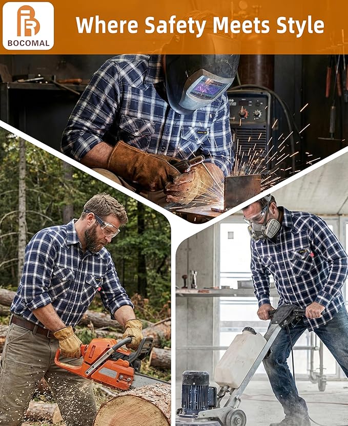 BOCOMAL FR Shirts Flame Resistant 100% C NFPA2112 7.5oz Men's Fire Retardant Welding Shirt