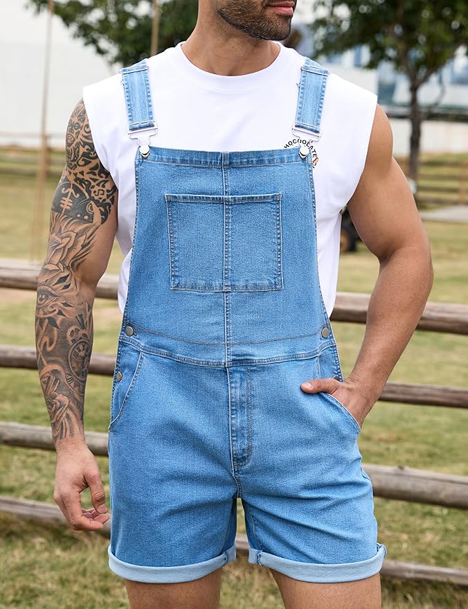 Bindefon Denim Overalls for Men Jean Shorts Jumpsuit Work Bibs Coveralls with Zipper