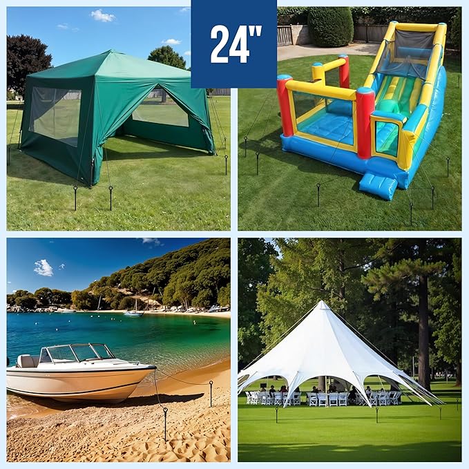 24 inch Ground Anchors Heavy Duty Screw in - Kit of 4 Fully Welded Earth Anchors - Long Spiral Tie Down Stakes for Swing Set Shed Trampoline Canopy Tree Tent - High Wind Anchor - Sand Auger Stake