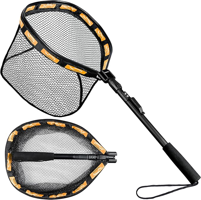 PLUSINNO Fishing Net Fish Floating Landing Net, Kayak Nets with Fixed Foldable Telescopic Pole Handle, Bass Trout Fishing Nets with Nylon Mesh for Pond Lake River, Fishing Gear Gifts for Men Anglers