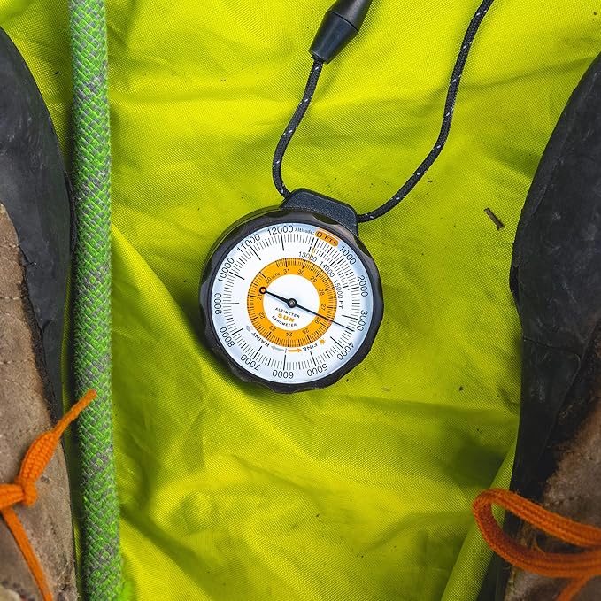 Sun Company Ascent Altimeter - Battery-Free Altimeter and Barometer | Weather-Trend Indicator with Rugged Aluminum Case and Reflective Lanyard | Reads Altitude from 0 to 15,000 Feet