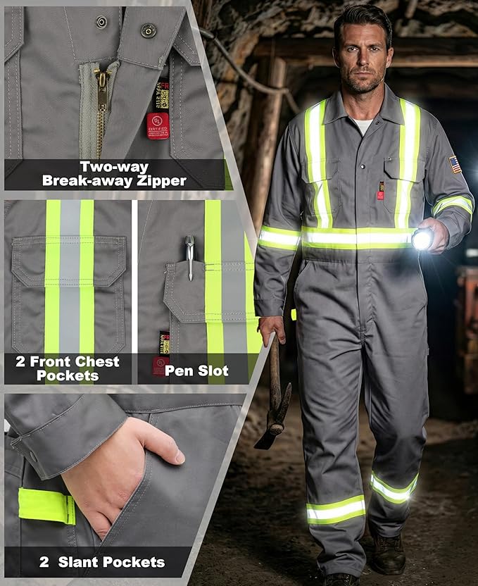 BOCOMAL FR Coveralls Men High Visibility 7.5oz Cotton Twill Flame Resistant Fire Retardant Work Coverall NFPA2112 HRC2