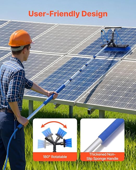 VEVOR Solar Panel Cleaning Kit, 15 ft, Water Fed Pole Kit with Cleaning Brush, Squeegee, Soap Dispenser, Extendable Aluminum Telescopic Pole, 180° Rotatable Brush Head, for Roof Mounted Solar Panels