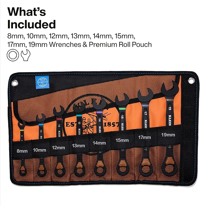 KLEIN TOOLS 69508M Metric Ratcheting Combination Wrench Set, 8-Piece, Slide-Lock 90-Tooth Ratchet, I-Beam Handle, Color-Coded Size Markings, Roll Pouch Storage