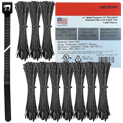 Bar Lok 11 Inch Zip Ties – 1000 Pieces, Black – Made in America – Weather, UV & Impact Resistant Cable Ties for Binding Bundling & Organizing – Indoor & Outdoor (11in, 1000ct)