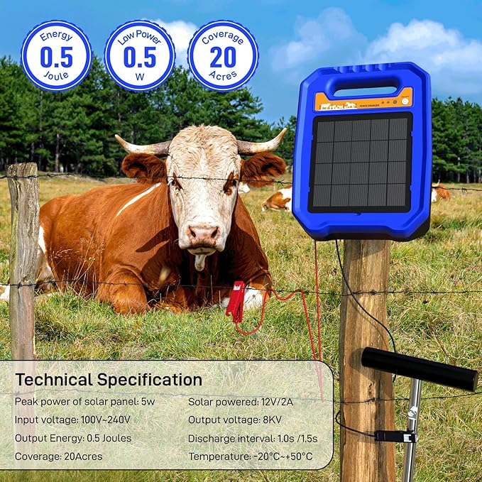 Solar Electric Fence Charger - 0.5 Joule Output up to 5 Miles, 8000V Solar Powered Fence Energizer for Livestock, Cattle and Horse, IP55 Weatherproof Controller with Day/Night Mode