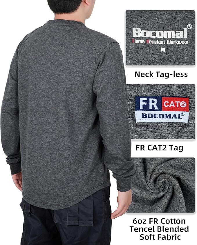 BOCOMAL Men's FR Shirts Long Sleeve Crewneck EX Soft Heather Series 6oz Midweight Flame Resistant Work T Shirt CAT2