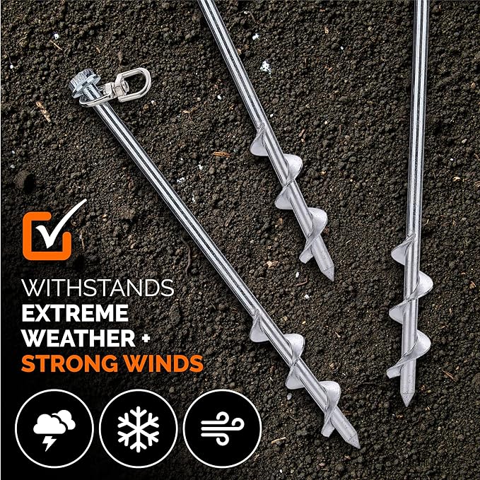 MightyPhine Steel Screw Ground Anchors - Set of 4, 12 Inch, Silver, Metal - Tent Stakes, Trampoline Anchor Kit, Swing Set Anchors, High Wind Resistance