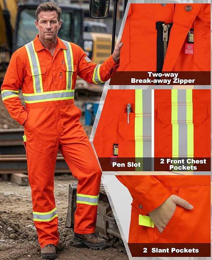 BOCOMAL FR Coveralls Men High Visibility 7.5oz Cotton Twill Flame Resistant Fire Retardant Work Coverall NFPA2112 HRC2