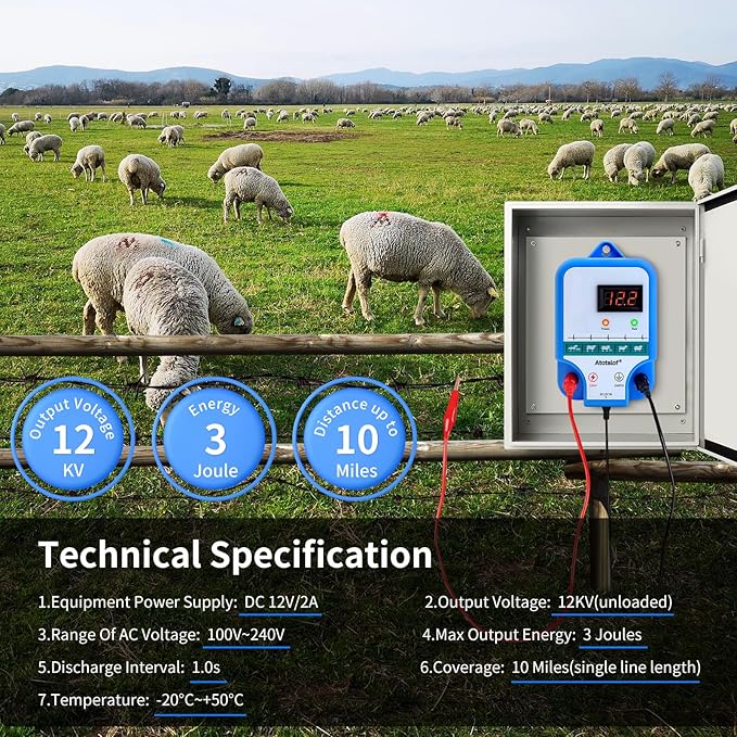 Electric Fence Charger for Livestock - 10 Miles 3 Joule Output Multi Power Electric Fence Controller Livestock Fencing Accessories Kit