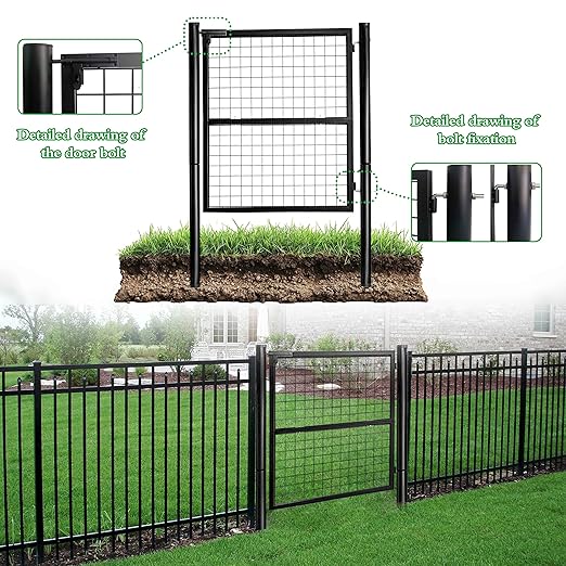 Wire Mesh Fence Gate, 59.06in (W) x 42.13in (H), Heavy-Duty Rustproof Outdoor Gate with Stable Insertion Posts, Ideal for Garden, Yard, Patio, Pet Containment - Easy Installation（Black）