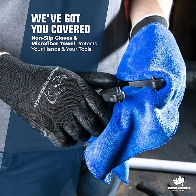 Rhino Gland Nut Wrench - Set of 2 Hydraulic Cylinder Spanner Wrench Adjustable - Spanner Wrench Set Includes Gloves, Microfiber Towel, Pins & Allen Wrenches, Suitable for Farm & Construction Equipment
