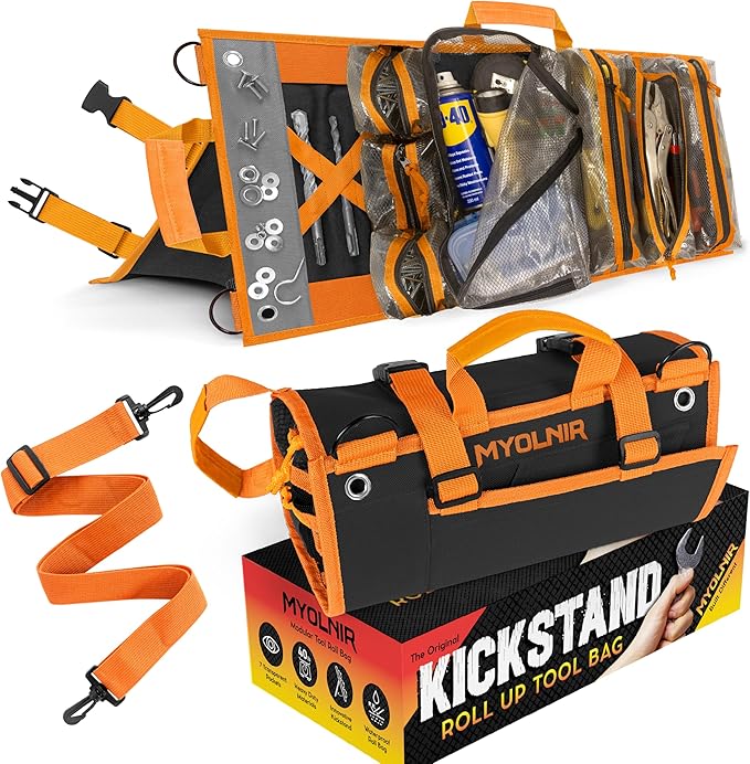 Roll Up Tool Bag Organizer With Kickstand - Compact Heavy Duty Motorcycle Tool Roll Bag Organizer - Portable Rollup Toolbag With Magnetic Panels & Transparent Pockets - Mechanic & Electrician
