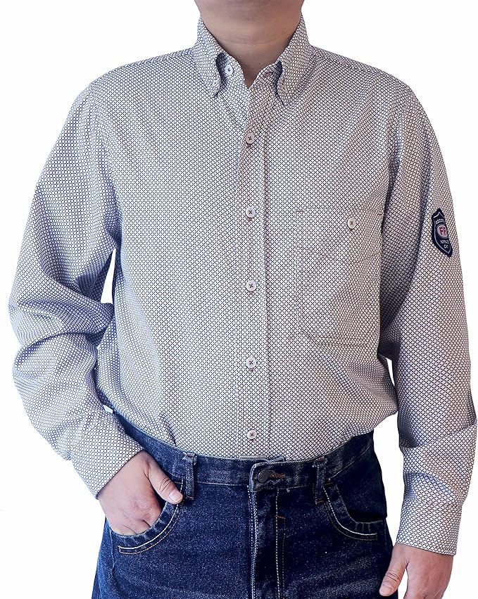 BOCOMAL FR Shirts for Men Printed Plaid Flame Resistant Clothing 6.5oz Cotton Button Up Welding Shirts NFPA2112 CAT2