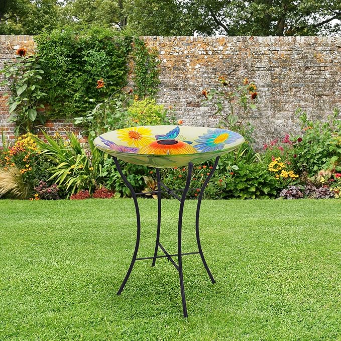 Teamson Home Handpainted Butterfly Fusion Glass Solar Birdbath Bowl Feeder with LED Light for Outdoor Patio Garden Backyard Decking, 21 Inch Height, Yellow