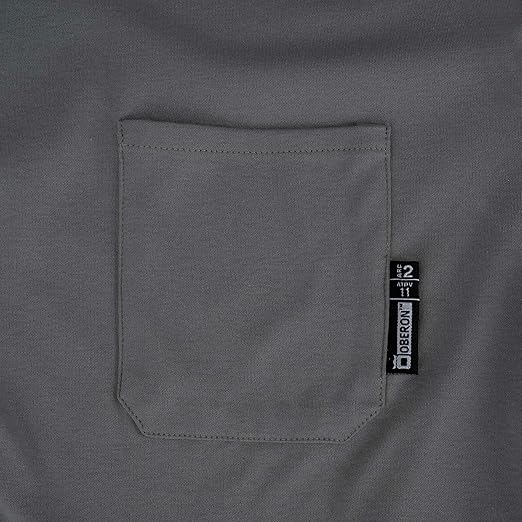 Oberon FR Arc Rated Safety Shirt For Men - Flame Resistant Cotton T-shirt - 11 Cal - Chest Pocket - Navy Blue, Gray