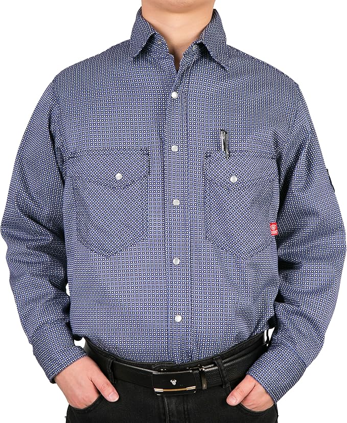 BOCOMAL FR Shirts for Men Printed Plaid Flame Resistant Clothing 6.5oz Cotton Button Up Welding Shirts NFPA2112 CAT2