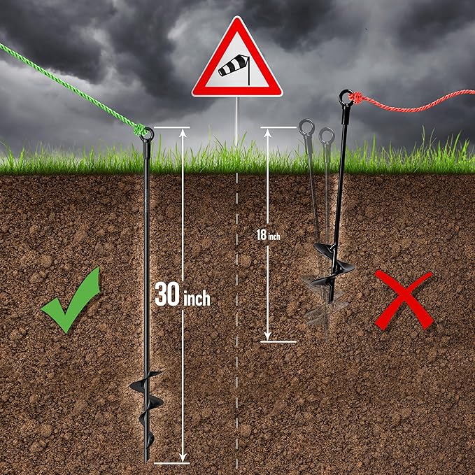 30 inch Ground Anchors Heavy Duty Screw in - Kit of 4 Fully Welded Earth Anchors - Long Spiral Tie Down Stakes for Swing Set Shed Trampoline Canopy Tree Tent - High Wind Anchor - Sand Auger Stake