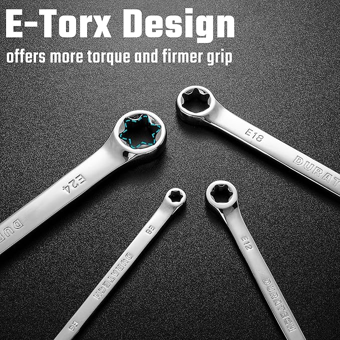 DURATECH 4-Piece E-Torx Wrench Set, Double Box End Wrench Set, CR-V Steel, Including E6*E8, E10*E12, E14*E18 and E20*E24, Organized in Pouch