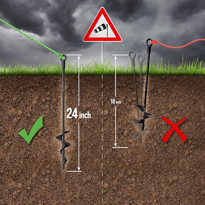 24 inch Ground Anchors Heavy Duty Screw in - Kit of 4 Fully Welded Earth Anchors - Long Spiral Tie Down Stakes for Swing Set Shed Trampoline Canopy Tree Tent - High Wind Anchor - Sand Auger Stake