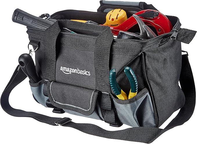 Amazon Basics Durable Wear-Resistant Tool Storage Bag with Adjustable Shoulder Strap, Portable Tool Organizer, 16 Pockets, 12 in, Black & Gray